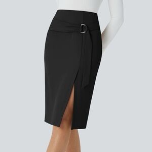 NWT Halara Belt Slit Business High Waisted Midi Skirt Black Size Small